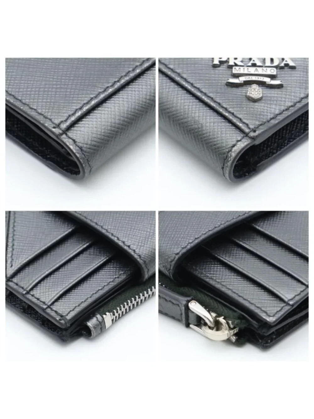Prada Metal Logo Bifold Wallet Metallic Gray Black